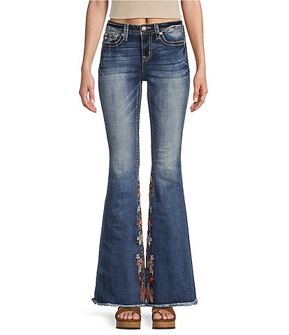 Miss Me High Rise Floral Embroidered Flare Leg Jeans
