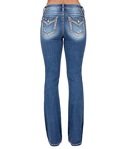 Miss Me Mid Rise Abstract Border Pocket Design Bootcut Jeans