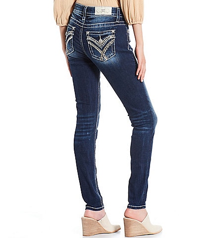 Miss Me Mid Rise Embellished Beaded "X" Flap Pocket Skinny Jeans