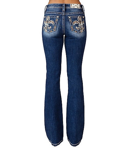 Miss Me Mid Rise Fleur De Lis Pocket Bootcut Jeans