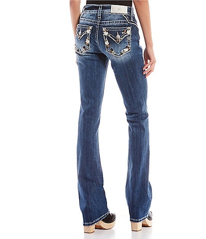 Miss Me Mid Rise Floral Border Flap Pocket Bootcut Jeans