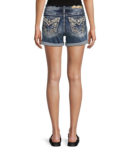 Miss Me Mid Rise Floral Embroidered Flap Pocket Shorts