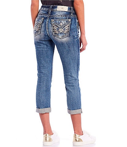 Miss Me Mid Rise Rolled Cuff Butterfly Wing Flap Pocket Capri Jeans