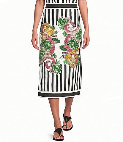 Mo Maya Black Strip Dragon Print High Rise Pencil Midi Skirt