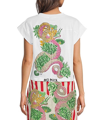 Mo Maya Knit Dragon Motif Short Sleeve Crop Box Tee