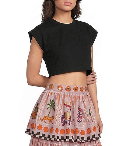 Mo Maya Leo Cap Sleeve Crew Neck Cropped Tee