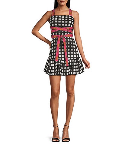Mo Maya Luna Check and Leopard Print Strap Square Neckline Sleeveless Mini Dress