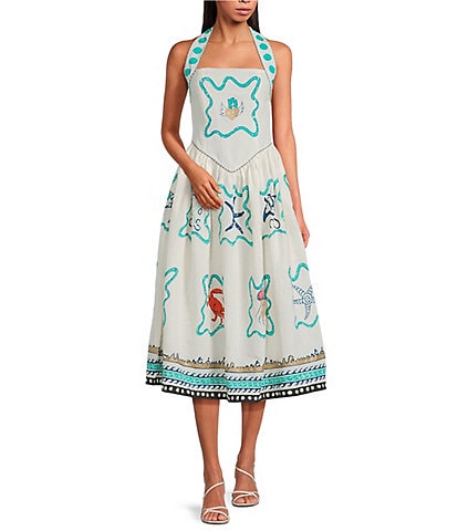 Mo Maya Namaste Sunshine Hand Printed Pattern Linen Blend Square Neck Sleeveless A-Line Midi Dress