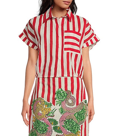 Mo Maya Red Stripe Dragon Print Camp Collar Short Sleeve Button Front Coordinating Coverup Top