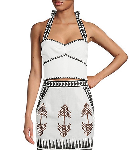 Mo Maya Tara Hand Painted Pattern Print Sweetheart Halter Sleeveless Coordinating Bra Top