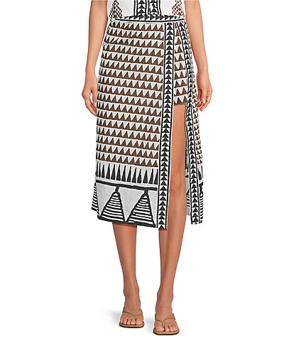 Mo Maya Tara Hand Painted Print High Rise Midi Skirt