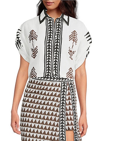 Mo Maya Tara Hand Painted Print Linen Blend Button Front Short Sleeve Shirt