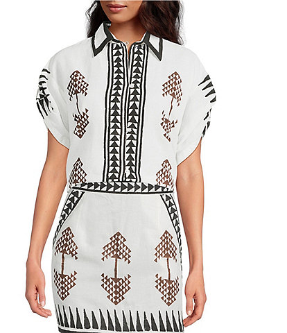Mo Maya Tara Hand Painted Print Linen Blend Button Front Short Sleeve Coordinating Shirt