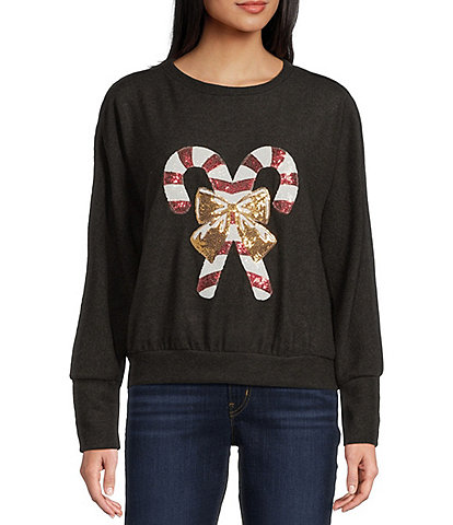 Moa Moa Candy Cane Bow Hacci Long Sleeve Crew Neck Sweater