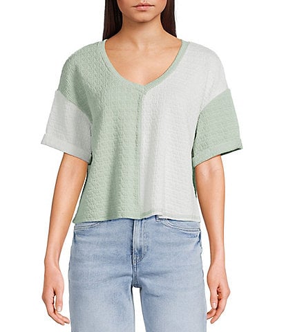 Moa Moa Color Blocked V-Neck Short Sleeve Pullover Cropped Top