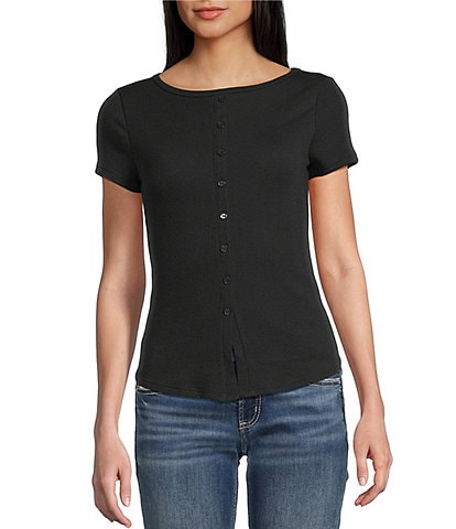 Moa Moa Crewneck Neck Short Sleeve Button-Front Top