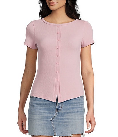 Moa Moa Crewneck Neck Short Sleeve Button-Front Top
