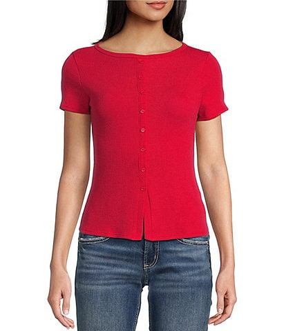 Moa Moa Crewneck Neck Short Sleeve Button-Front Top