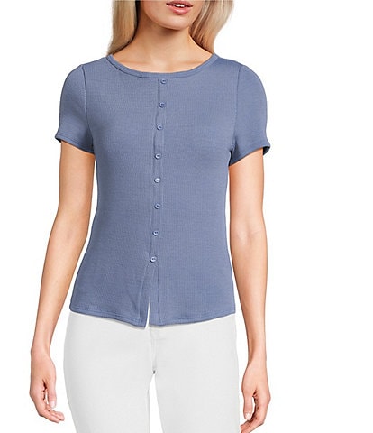 Moa Moa Crewneck Neck Short Sleeve Button-Front Top