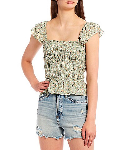Moa Moa Ditsy Floral Smocked Peplum Flutter Sleeve Top