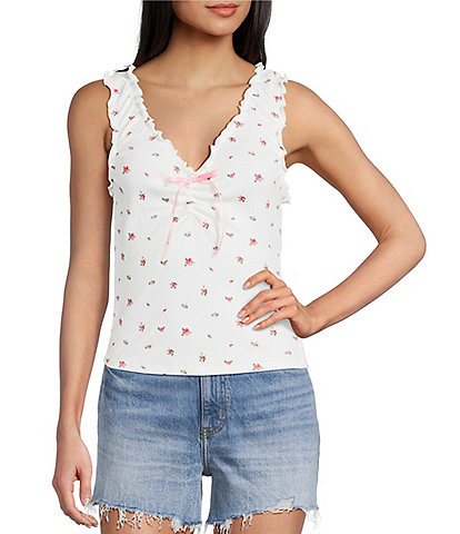 Moa Moa Floral Print V-Neck Cinched Front Tank Top