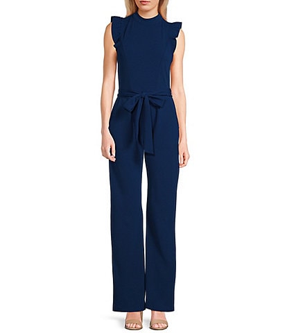 Moa Moa High Neck Flutter Sleeve Tie Waist Jumpsuit