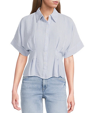 Moa Moa Linen Striped Point Collar Short Sleeve Button Front Cinched Top