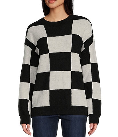 Moa Moa Long Sleeve Crewneck Check Tunic Sweater