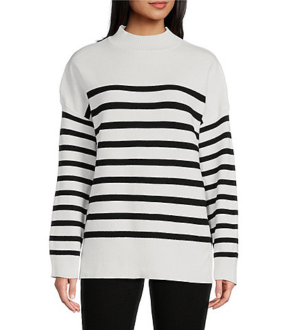 Moa Moa Long Sleeve Mock Neck Stripe Tunic Sweater