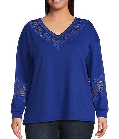 Moa Moa Plus Size Long Sleeve Lace-Trimmed T-Shirt