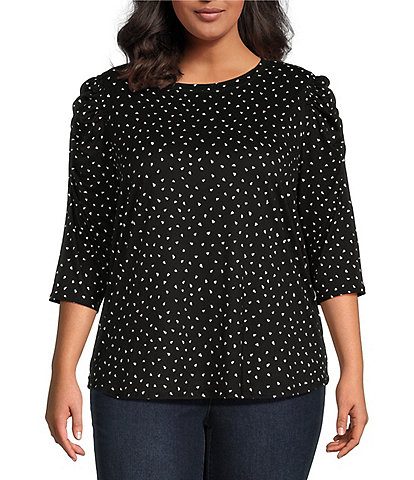 Moa Moa Plus Size 3/4 Sleeve Puffed Shoulder Printed Top