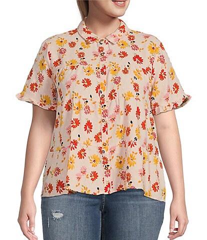 Moa Moa Plus Size Floral Print Woven Collared Short Ruffled Sleeve Tiered Button Front Shirt