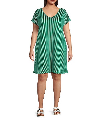 Moa Moa Plus Size V-Neck Short Sleeve Striped T-Shirt Dress