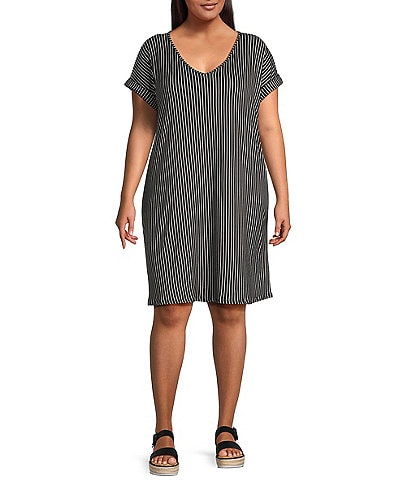 Moa Moa Plus Size V-Neck Short Sleeve Striped T-Shirt Dress
