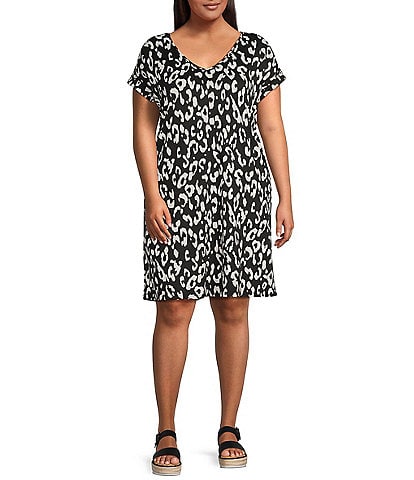 Moa Moa Plus Size V-Neck Short Sleeve Striped T-Shirt Dress
