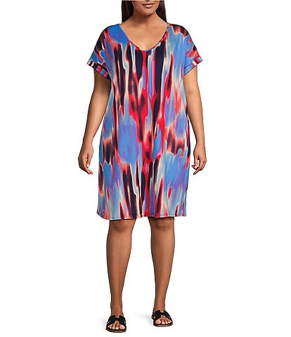 Moa Moa Plus Size Multicolor Tie-Dye Print V-Neck Short Cuffed Sleeve T-Shirt Dress