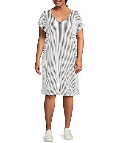 Moa Moa Plus Size V-Neck Short Sleeve Striped T-Shirt Dress