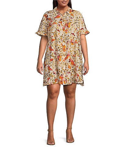 Moa Moa Plus Size Printed Point Collar Short Sleeve Tiered Button-Front Shirt Dress