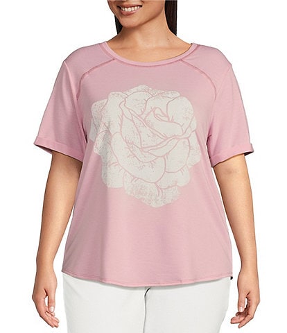 Moa Moa Plus Size Raglan Sleeve Rose Graphic T-Shirt