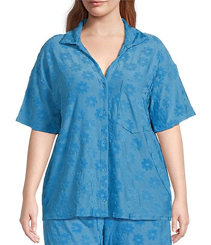 Moa Moa Plus Size Short Sleeve Collared Woven Button Front Shirt