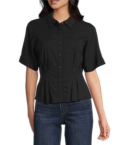 Moa Moa Point Collar Short Sleeve Button Front Cinched Top