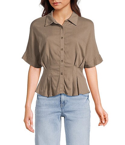 Moa Moa Point Collar Short Sleeve Button Front Cinched Top