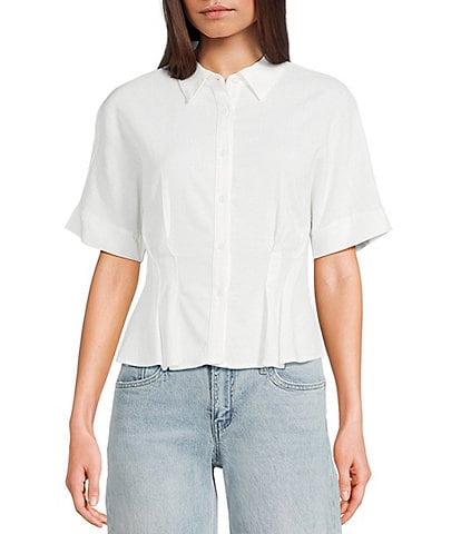 Moa Moa Point Collar Short Sleeve Button Front Cinched Top