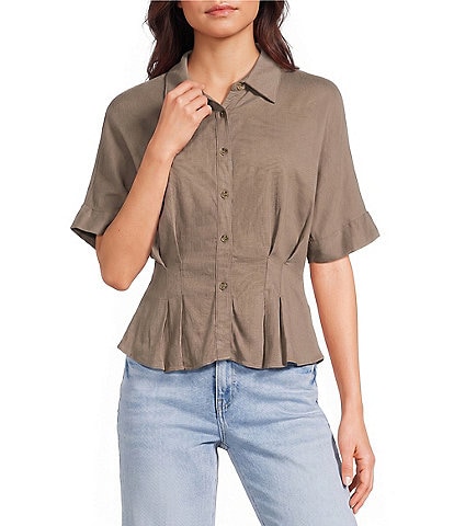 Moa Moa Point Collar Short Sleeve Button Front Cinched Top