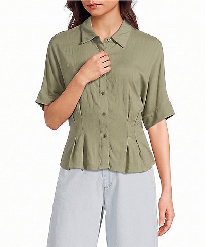 Moa Moa Point Collar Short Sleeve Button Front Cinched Top