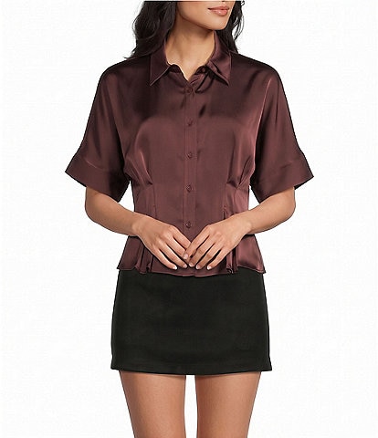 Moa Moa Satin Collared Short Sleeve Cinch Waist Button Front Top
