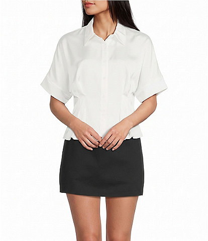 Moa Moa Satin Collared Short Sleeve Cinch Waist Button Front Top