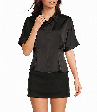 Moa Moa Satin Collared Short Sleeve Cinch Waist Button Front Top