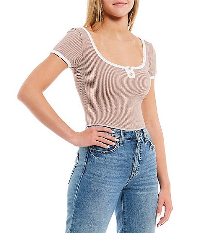 Moa Moa Short Sleeve Button Front Scoop Neck Top