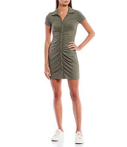 Moa Moa Short-Sleeve Cinched Button Front A-Line Dress